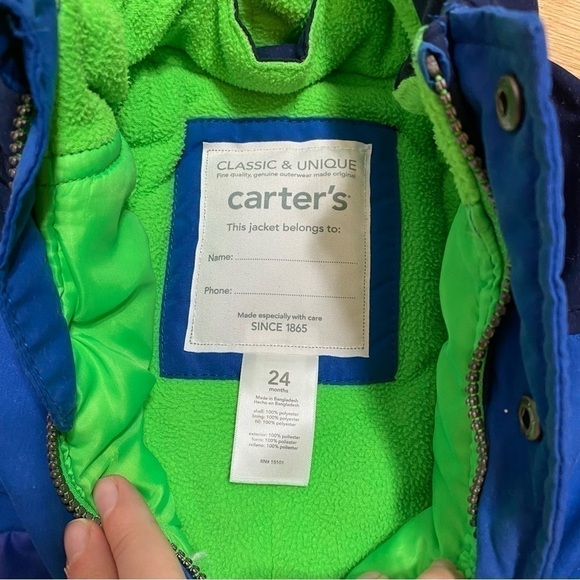 Carter’s Winter Jacket 24 months Full Zip Snap Button Hooded Green Blue Coat - Picture 7 of 8